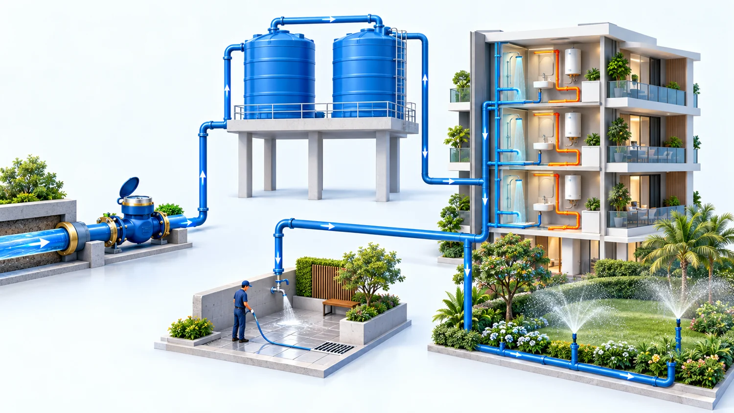 Ilustração do caminho da água: hidrômetro geral, reservatórios, apartamentos, irrigação e áreas comuns