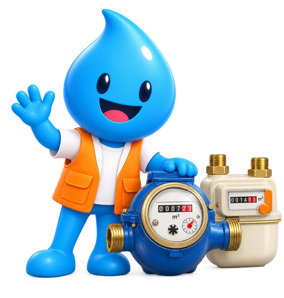 Mascote Drip em 3D ao lado de um hidrômetro e um medidor de gás