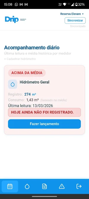 Tela real do aplicativo Drip: acompanhamento diário, hidrômetro geral, alerta acima da média e botão fazer lançamento