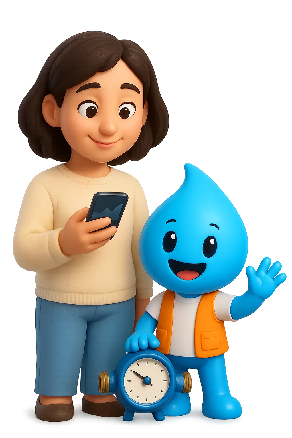 Condômina em 3D animado consultando o consumo no celular, ao lado do mascote Drip e de um hidrômetro